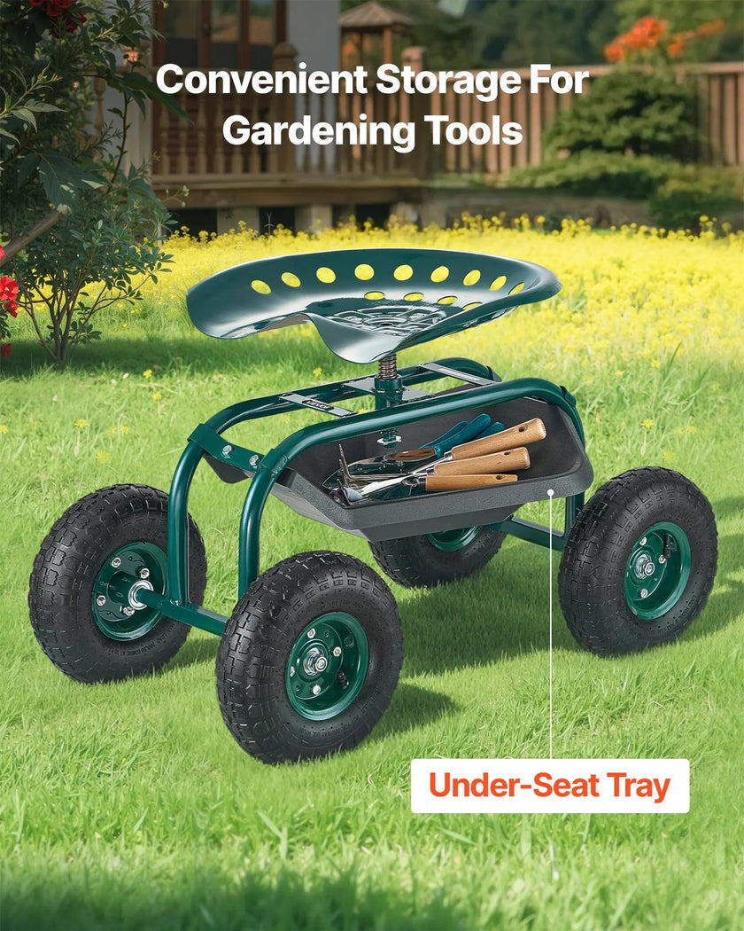 VEVOR Rolling Garden Cart with Swivel Seat All-Terrain Wheels Tool Tray 300lbs