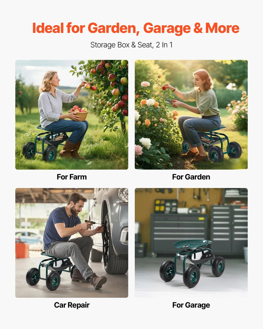 VEVOR Rolling Garden Cart with Swivel Seat All-Terrain Wheels Tool Tray 300lbs
