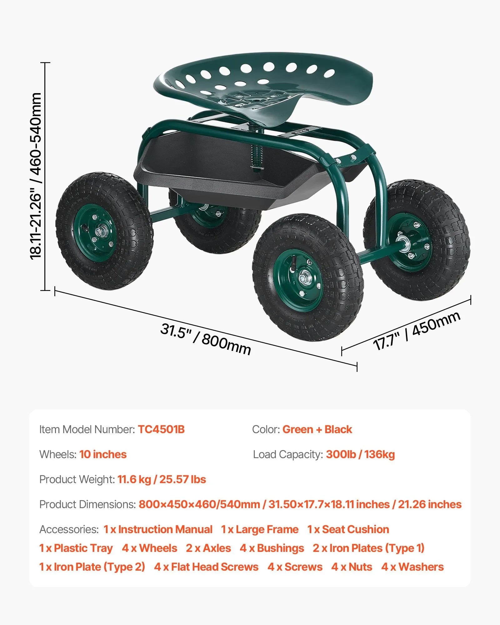VEVOR Rolling Garden Cart with Swivel Seat All-Terrain Wheels Tool Tray 300lbs