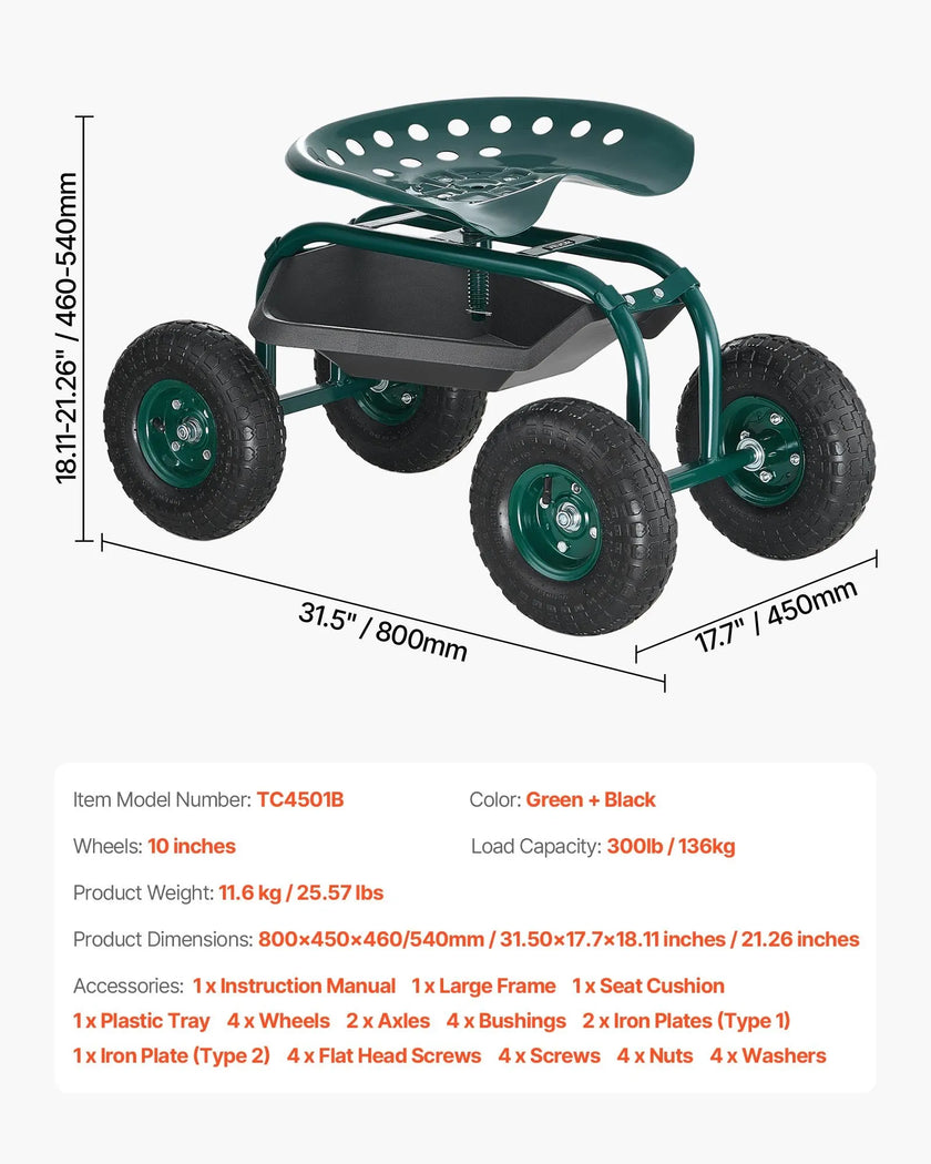 VEVOR Rolling Garden Cart with Swivel Seat All-Terrain Wheels Tool Tray 300lbs
