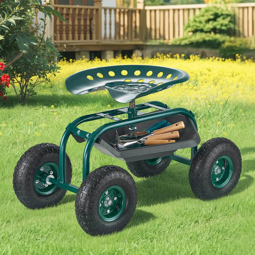 VEVOR Rolling Garden Cart with Swivel Seat All-Terrain Wheels Tool Tray 300lbs
