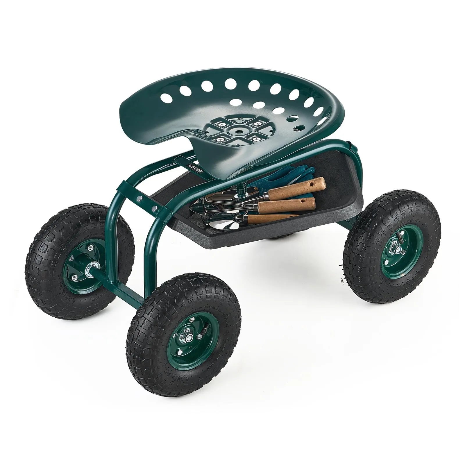 VEVOR Rolling Garden Cart with Swivel Seat All-Terrain Wheels Tool Tray 300lbs