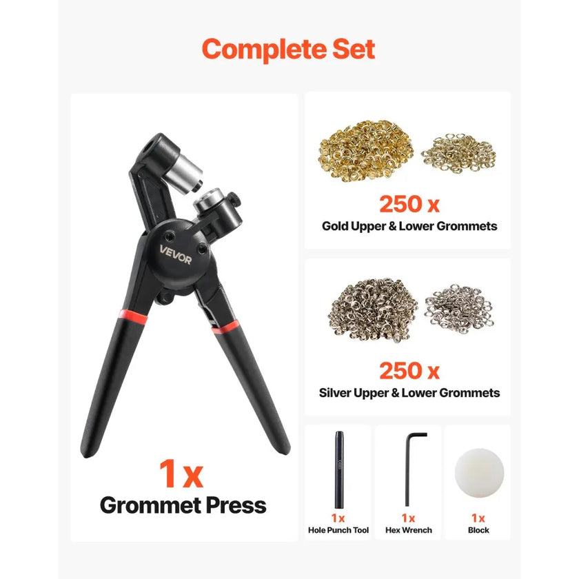 VEVOR Grommet Tool Kit 500 PCS 1/4 Inch Metal Eyelets Grommets in Gold Silver