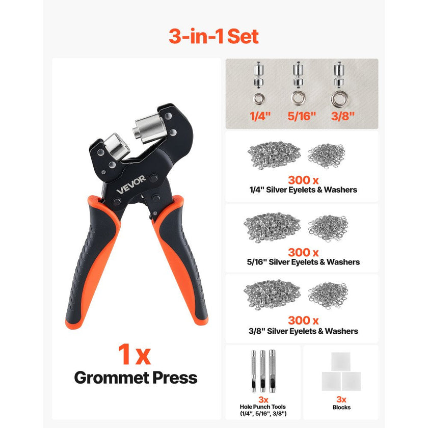 900-Piece Grommet Tool Kit with Manual Press Pliers, 1/4