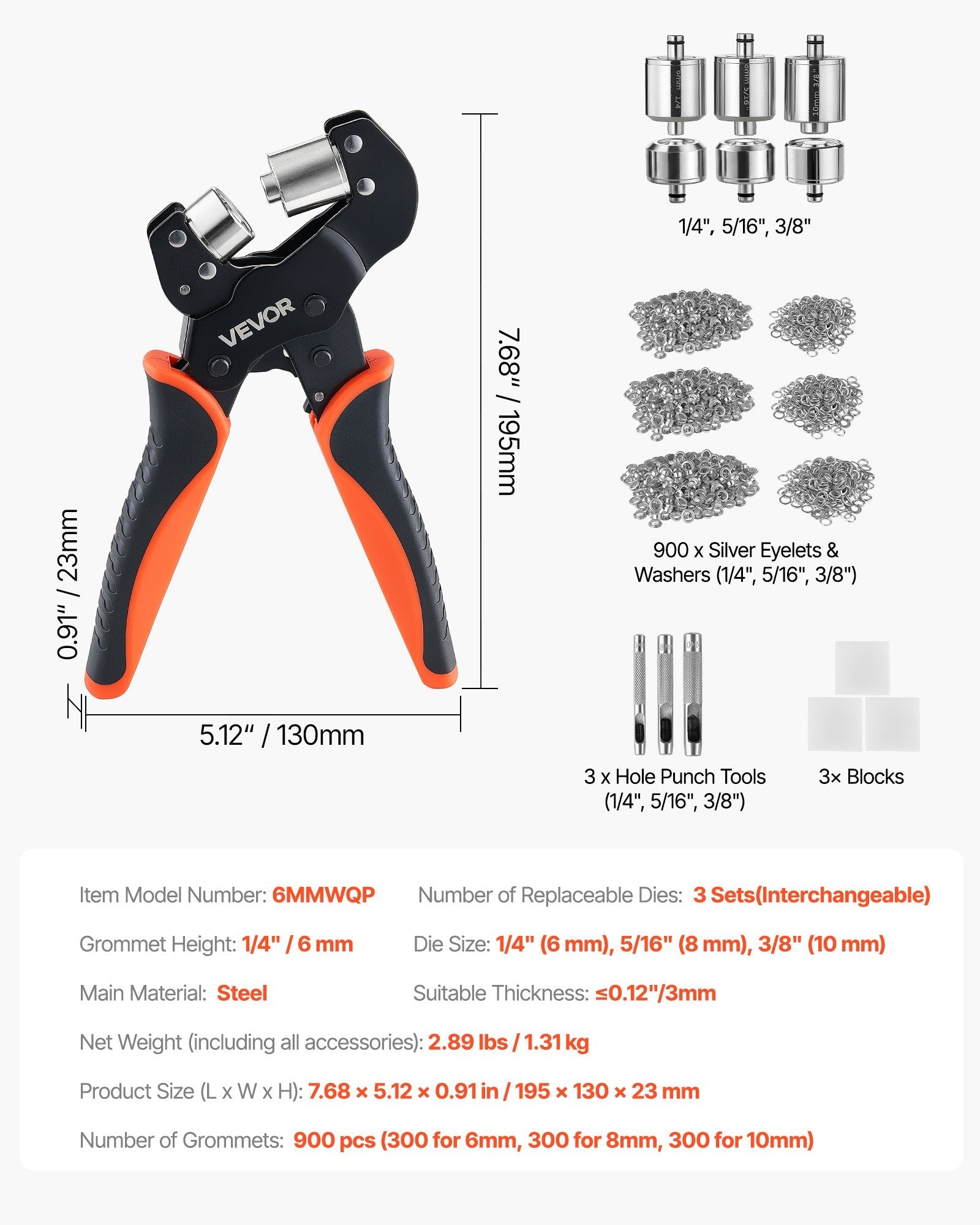 900-Piece Grommet Tool Kit with Manual Press Pliers, 1/4