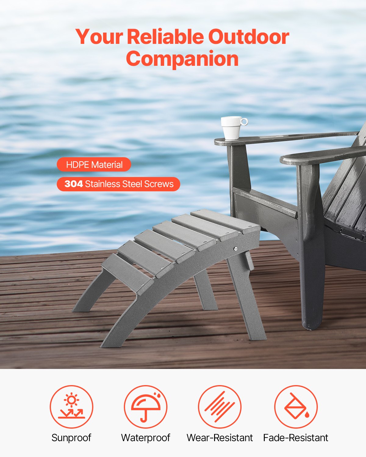 VEVOR Adirondack Ottoman 21.5L x 18.9W x 14.8H Inch HDPE Folding Footrest Gray