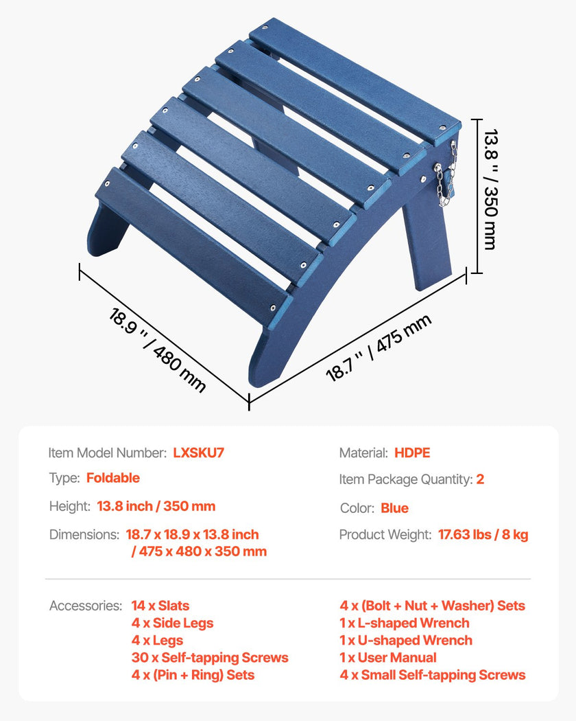 VEVOR Adirondack Ottoman 2 Set 18.7L x 18.9W x 13.8H Inch HDPE Footrest Blue
