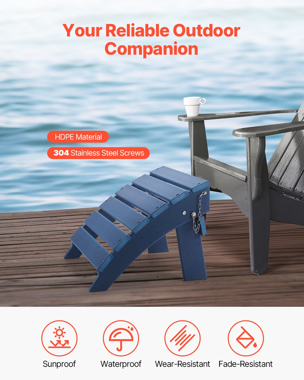 VEVOR Adirondack Ottoman 15.7L x 18.9W x 13H Inch HDPE Folding Footrest Blue