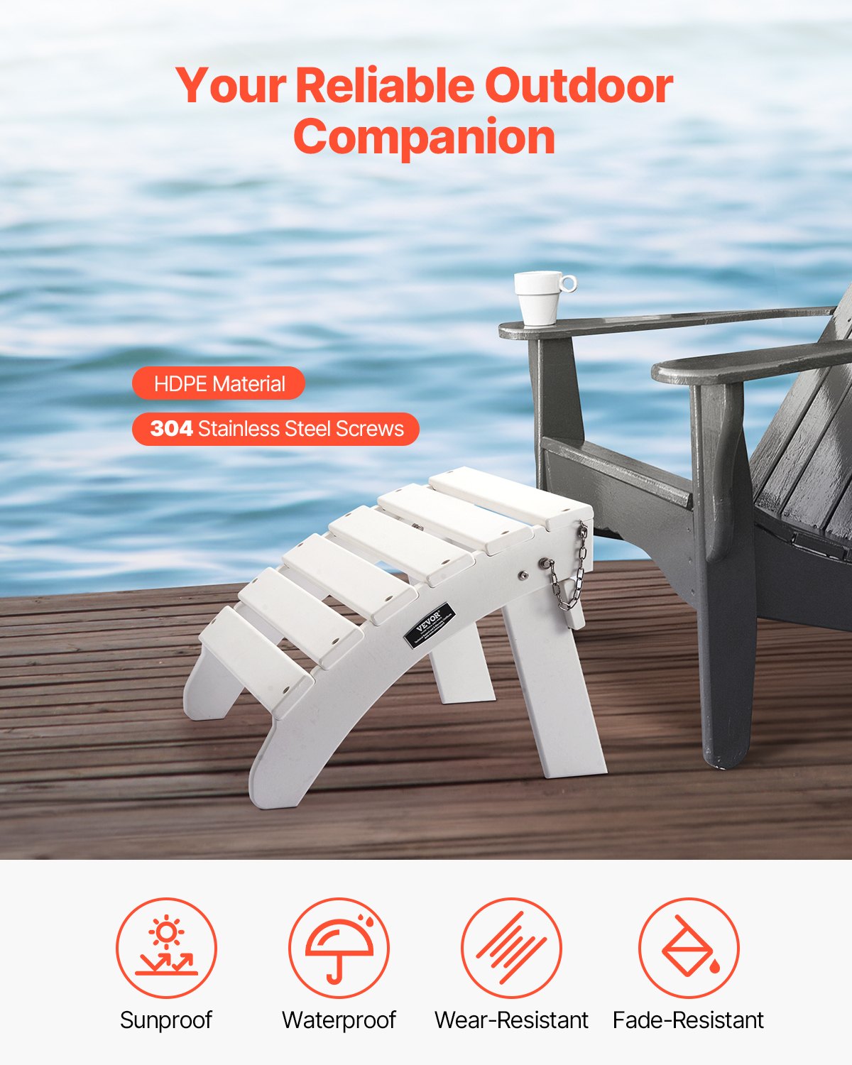 VEVOR Adirondack Ottoman 17.7L x 19.7W x 13.8H Inch HDPE Folding Footrest White