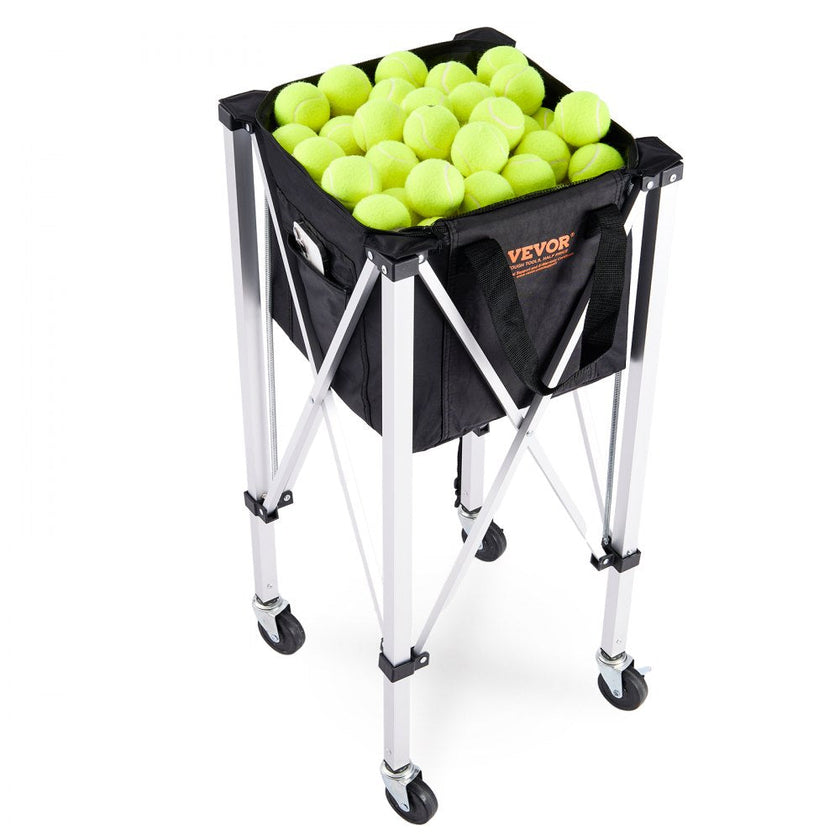 VEVOR Foldable Tennis Ball Hopper, Holds 150 Tennis Balls, Lightweight Aluminum Alloy Tennis Ball Basket Cart with Wheels, Removable Bag, Carry Bag, Portable Sports Teaching Cart for Tennis Player