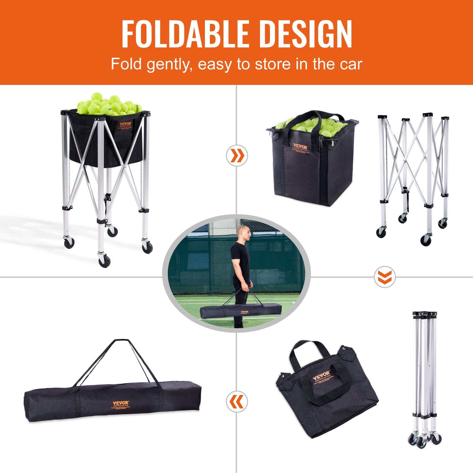 VEVOR Foldable Tennis Ball Hopper, Holds 180 Tennis Balls, Lightweight Aluminum Alloy Tennis Ball Basket Cart with Wheels, Removable Bag, Carry Bag, Portable Sports Teaching Cart for Tennis Player