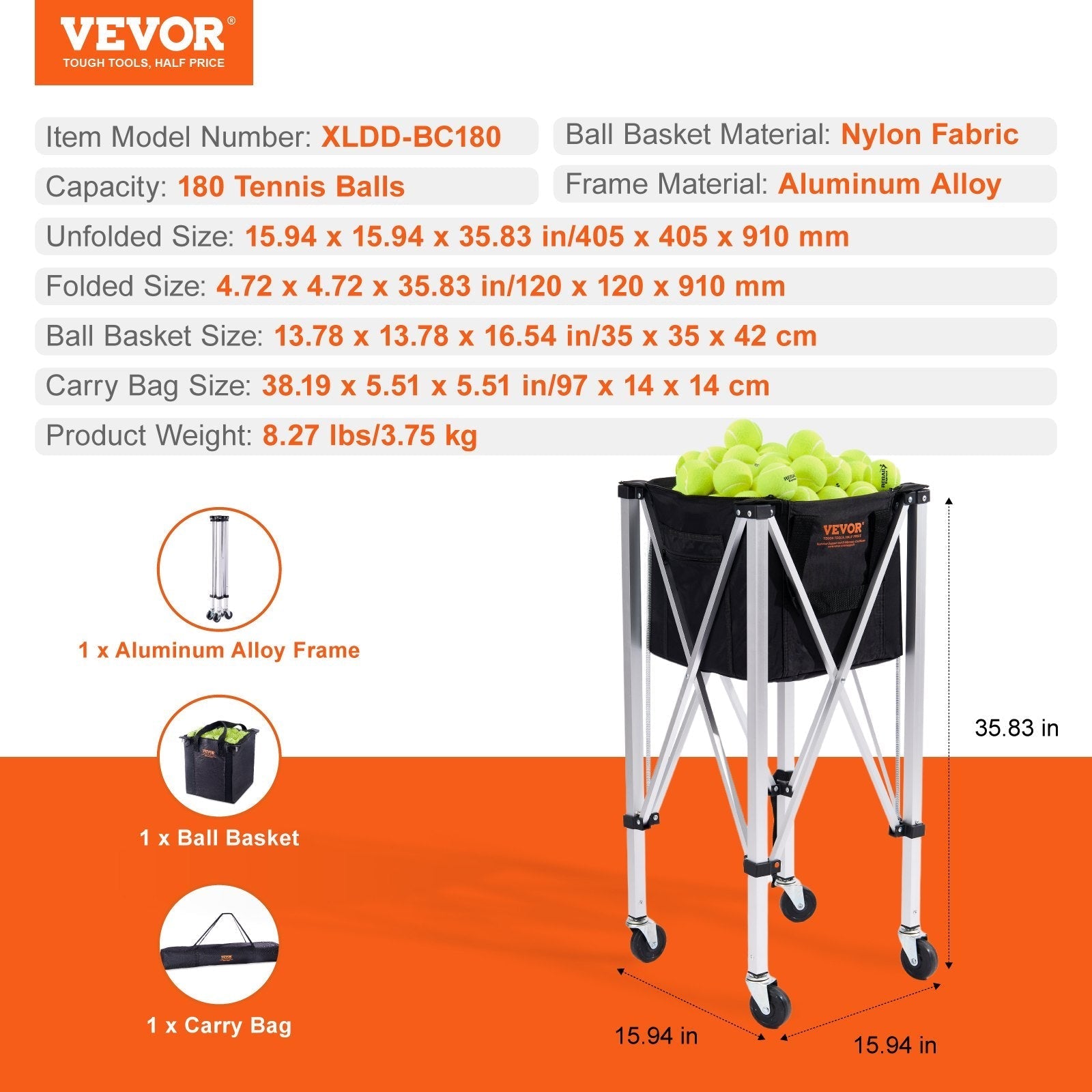 VEVOR Foldable Tennis Ball Hopper, Holds 180 Tennis Balls, Lightweight Aluminum Alloy Tennis Ball Basket Cart with Wheels, Removable Bag, Carry Bag, Portable Sports Teaching Cart for Tennis Player