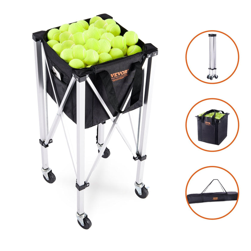 VEVOR Foldable Tennis Ball Hopper, Holds 180 Tennis Balls, Lightweight Aluminum Alloy Tennis Ball Basket Cart with Wheels, Removable Bag, Carry Bag, Portable Sports Teaching Cart for Tennis Player