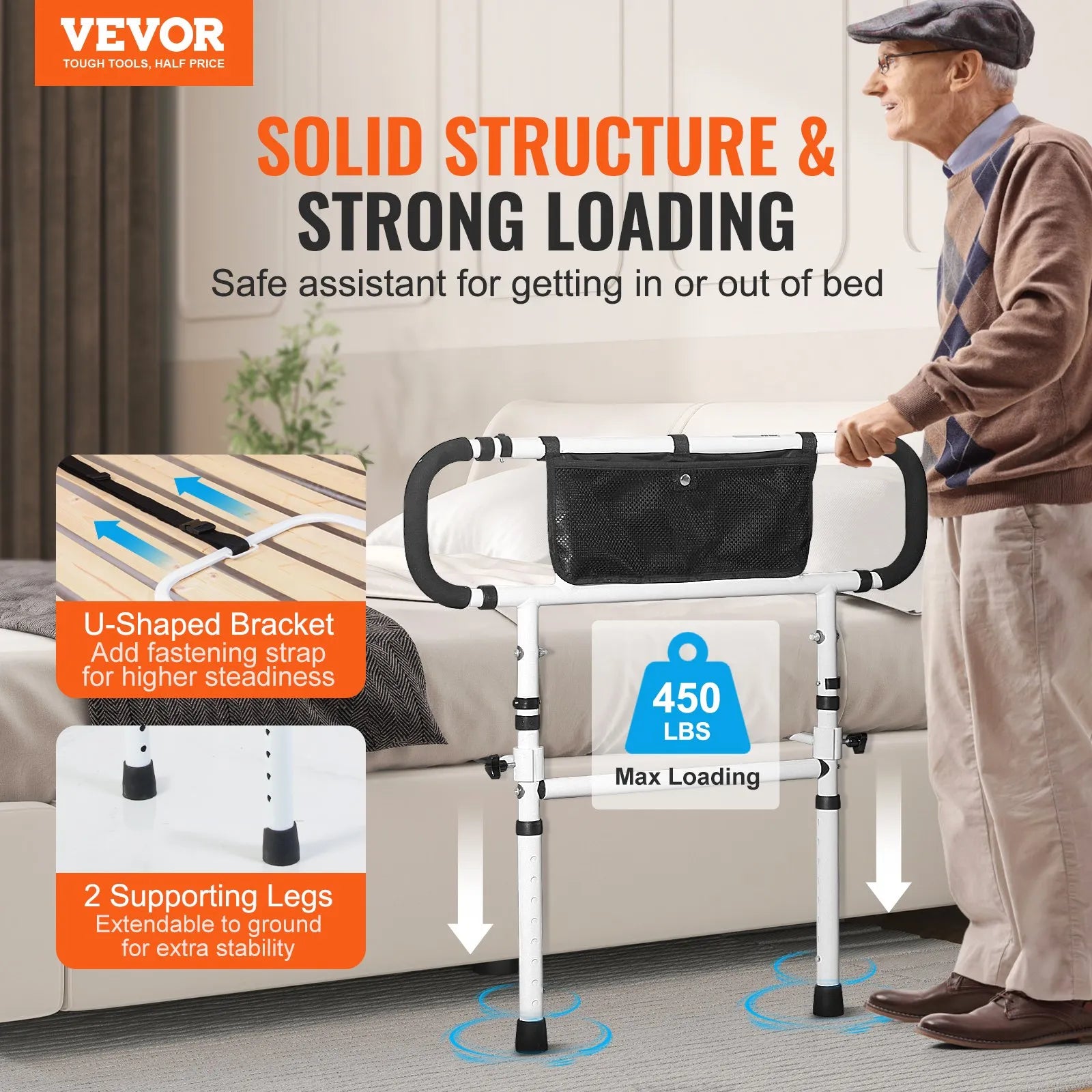 VEVOR Bed Rails for Elderly Adults, 180° Foldable Bed Assist Rails for Seniors, 450LBS Loading Bed Side Rails Bed Cane with 4-Level Adjustable Handle, Storage Pocket Fits King Queen Full Twin Bed
