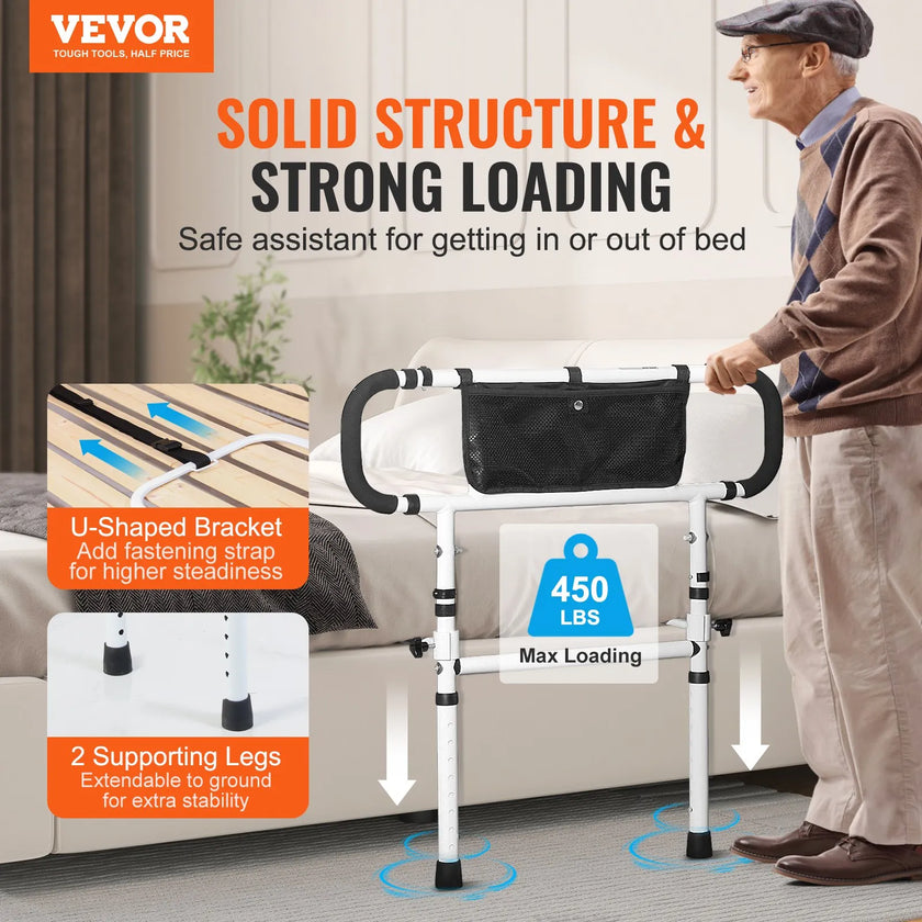 VEVOR Bed Rails for Elderly Adults, 180° Foldable Bed Assist Rails for Seniors, 450LBS Loading Bed Side Rails Bed Cane with 4-Level Adjustable Handle, Storage Pocket Fits King Queen Full Twin Bed