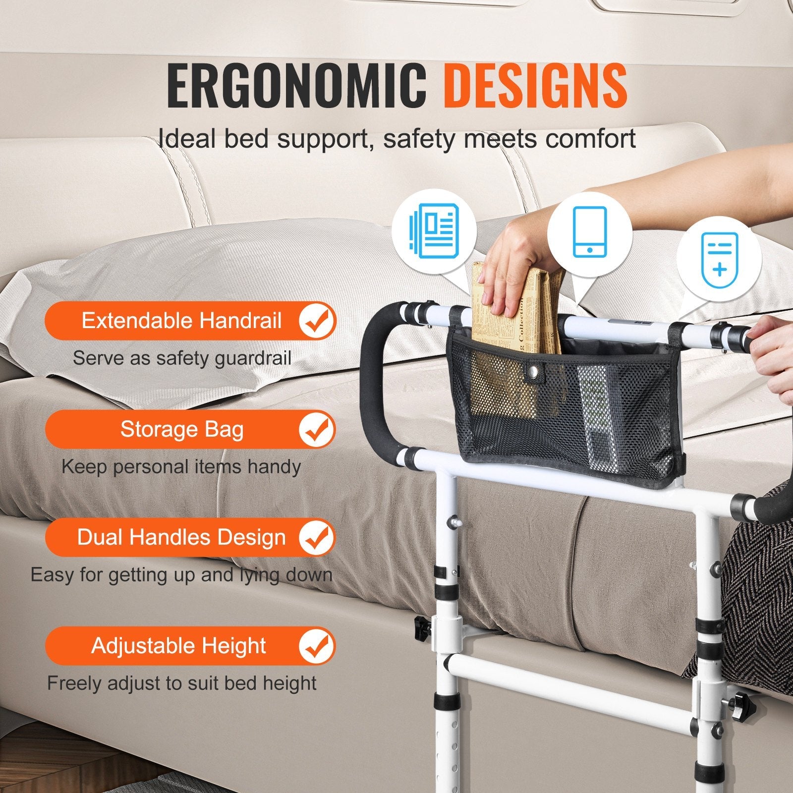 VEVOR Bed Rails for Elderly Adults, 180° Foldable Bed Assist Rails for Seniors, 450LBS Loading Bed Side Rails Bed Cane with 4-Level Adjustable Handle, Storage Pocket Fits King Queen Full Twin Bed