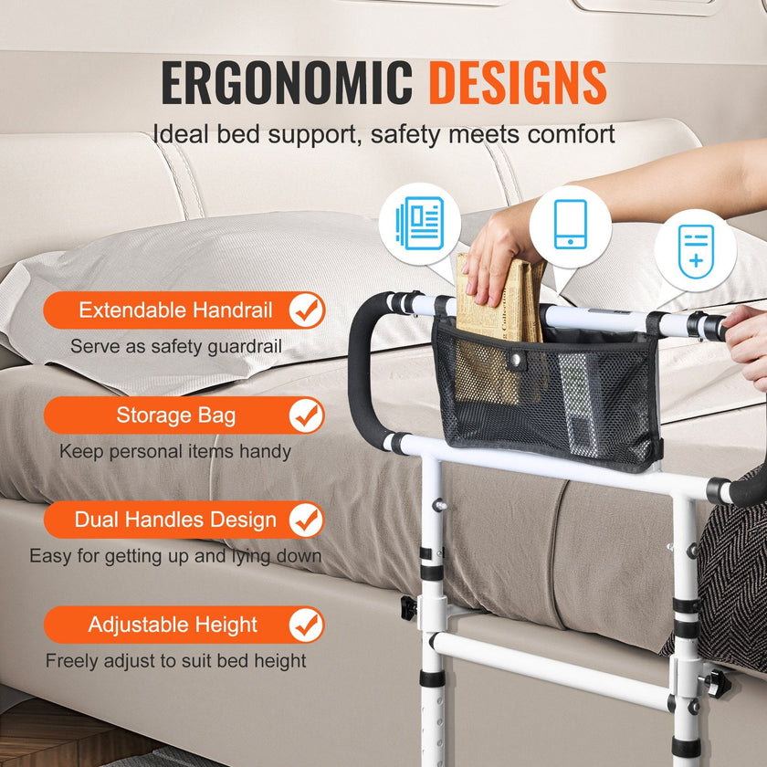 VEVOR Bed Rails for Elderly Adults, 180° Foldable Bed Assist Rails for Seniors, 450LBS Loading Bed Side Rails Bed Cane with 4-Level Adjustable Handle, Storage Pocket Fits King Queen Full Twin Bed