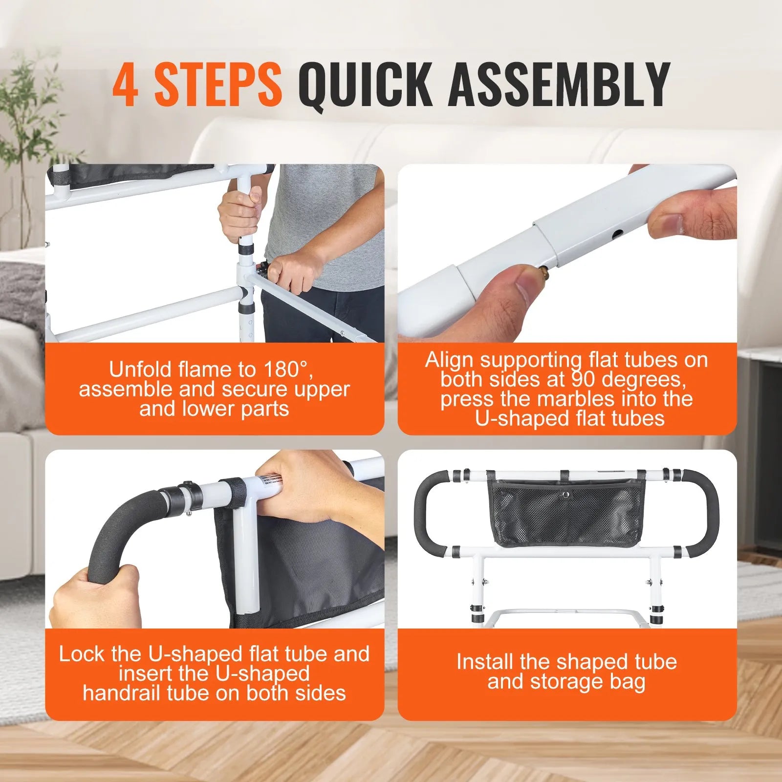 VEVOR Bed Rails for Elderly Adults, 180° Foldable Bed Assist Rails for Seniors, 450LBS Loading Bed Side Rails Bed Cane with 4-Level Adjustable Handle, Storage Pocket Fits King Queen Full Twin Bed