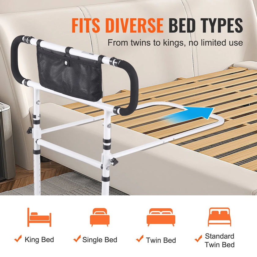 VEVOR Bed Rails for Elderly Adults, 180° Foldable Bed Assist Rails for Seniors, 450LBS Loading Bed Side Rails Bed Cane with 4-Level Adjustable Handle, Storage Pocket Fits King Queen Full Twin Bed