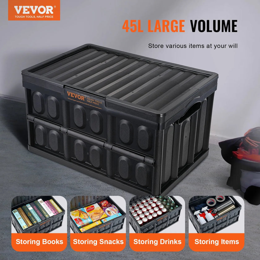 VEVOR Collapsible Storage Bins with Lids, 45L 3 Packs, Folding Plastic Stackable Utility Crates with Handles, Large Heavy Duty Containers for Clothes, Toys, Books, Snack, Shoes, and Grocery Organizing