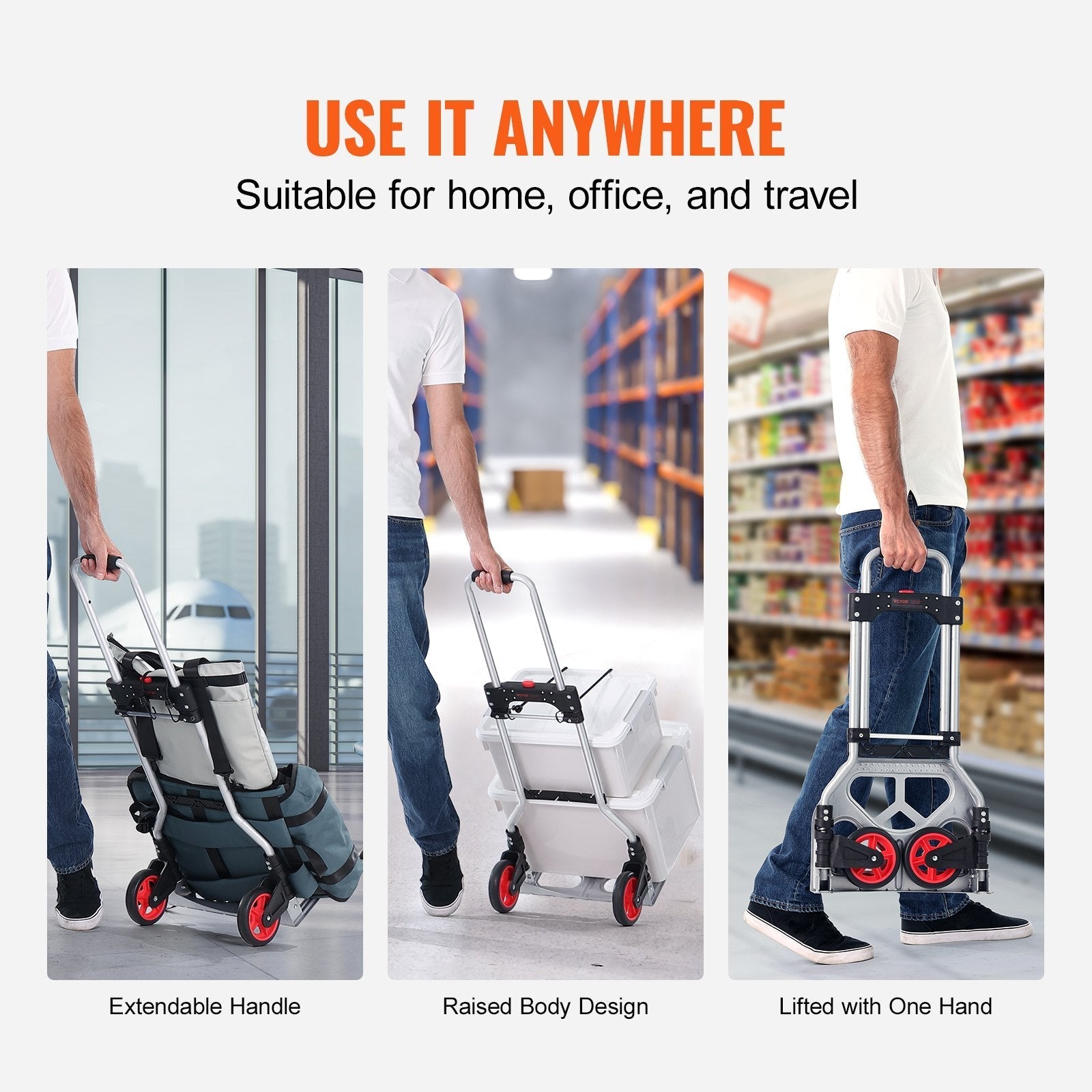 VEVOR Folding Hand Truck, 176 lbs Load Capacity, Aluminum Portable Cart, Convertible Hand Truck and Dolly with Telescoping Handle and Rubber Wheels, Ultra Lightweight Super Strong for Moving Warehouse