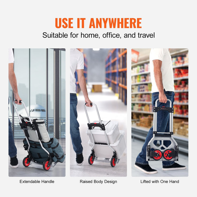 VEVOR Folding Hand Truck, 176 lbs Load Capacity, Aluminum Portable Cart, Convertible Hand Truck and Dolly with Telescoping Handle and Rubber Wheels, Ultra Lightweight Super Strong for Moving Warehouse