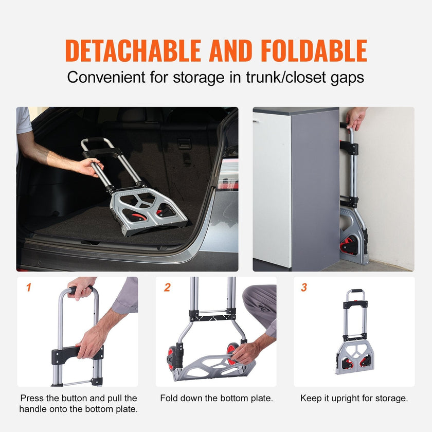 VEVOR Folding Hand Truck, 176 lbs Load Capacity, Aluminum Portable Cart, Convertible Hand Truck and Dolly with Telescoping Handle and Rubber Wheels, Ultra Lightweight Super Strong for Moving Warehouse