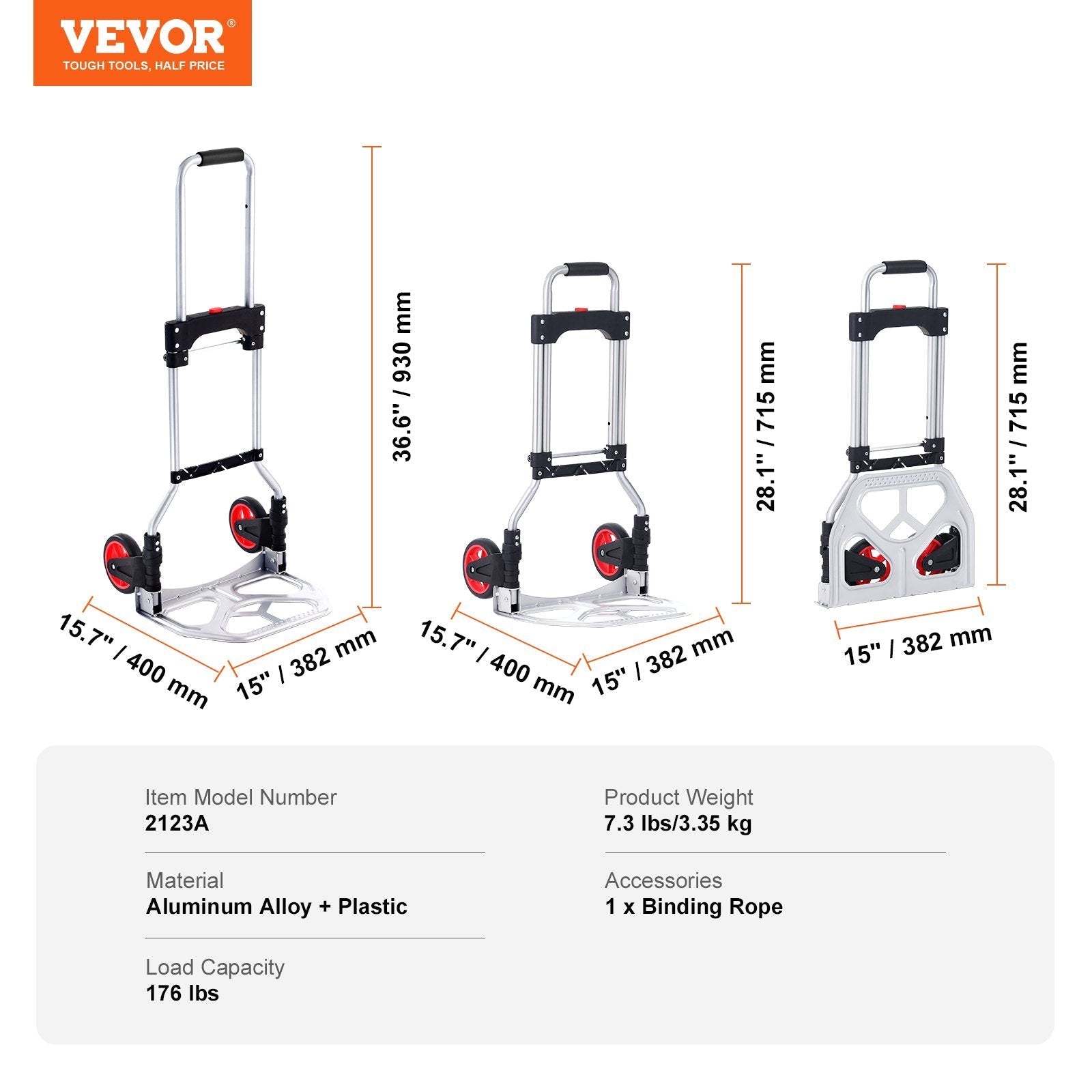 VEVOR Folding Hand Truck, 176 lbs Load Capacity, Aluminum Portable Cart, Convertible Hand Truck and Dolly with Telescoping Handle and Rubber Wheels, Ultra Lightweight Super Strong for Moving Warehouse