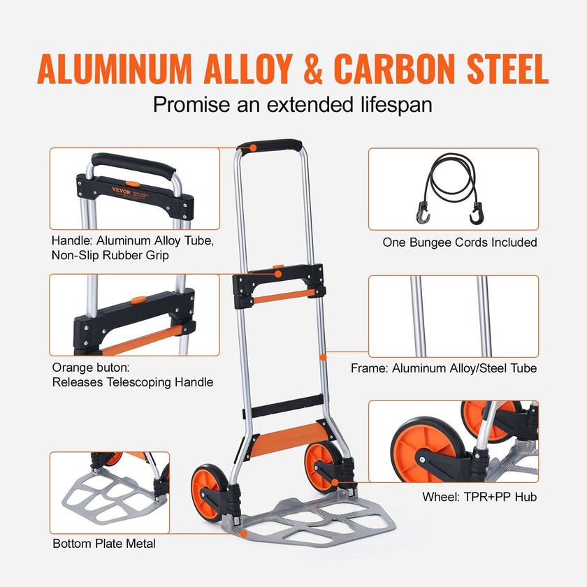 VEVOR Folding Hand Truck, 275 lbs Load Capacity, Aluminum Portable Cart, Convertible Hand Truck and Dolly with Telescoping Handle and PP+TPR Wheels, Ultra Lightweight Super Strong for Moving Warehouse