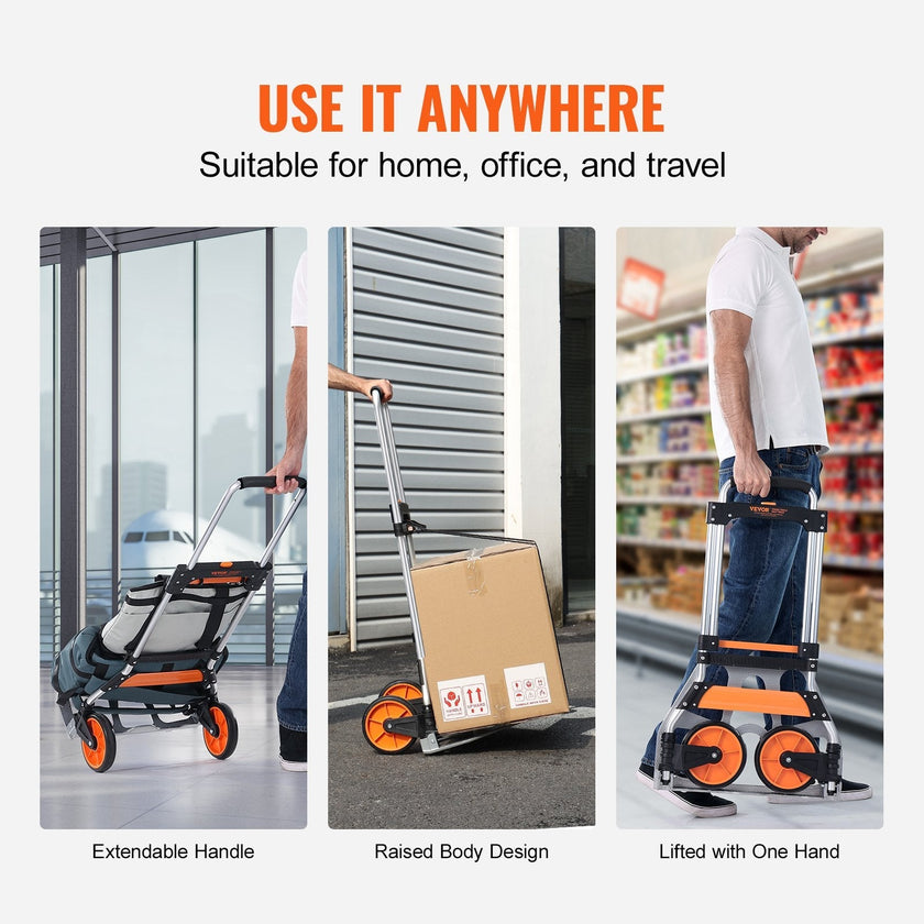VEVOR Folding Hand Truck, 275 lbs Load Capacity, Aluminum Portable Cart, Convertible Hand Truck and Dolly with Telescoping Handle and PP+TPR Wheels, Ultra Lightweight Super Strong for Moving Warehouse
