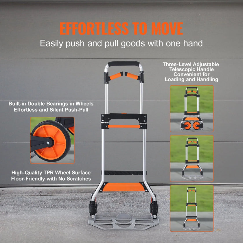 VEVOR Folding Hand Truck, 309 lbs Load Capacity, Aluminum Portable Cart, Convertible Hand Truck and Dolly with Telescoping Handle and PP+TPR Wheels, Ultra Lightweight Super Strong for Moving Warehouse
