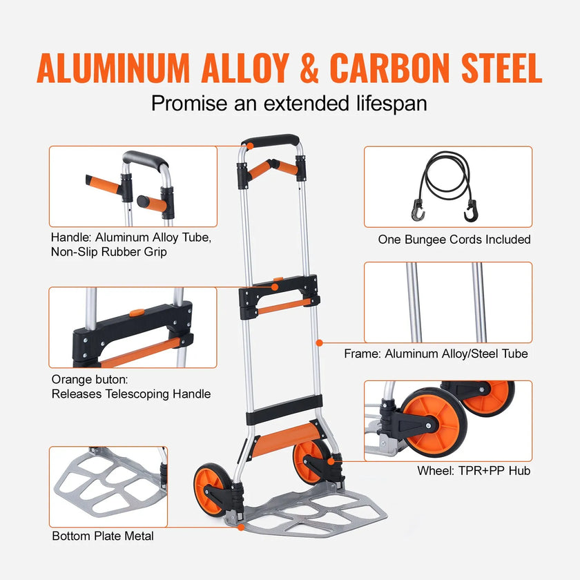 VEVOR Folding Hand Truck, 309 lbs Load Capacity, Aluminum Portable Cart, Convertible Hand Truck and Dolly with Telescoping Handle and PP+TPR Wheels, Ultra Lightweight Super Strong for Moving Warehouse