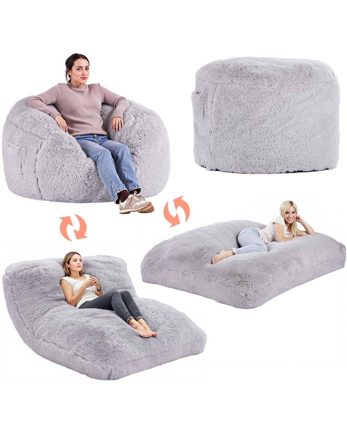 VEVOR Bean Bag Bed Chair Convertible from Chair to Lounge or Mattress Grey-Full
