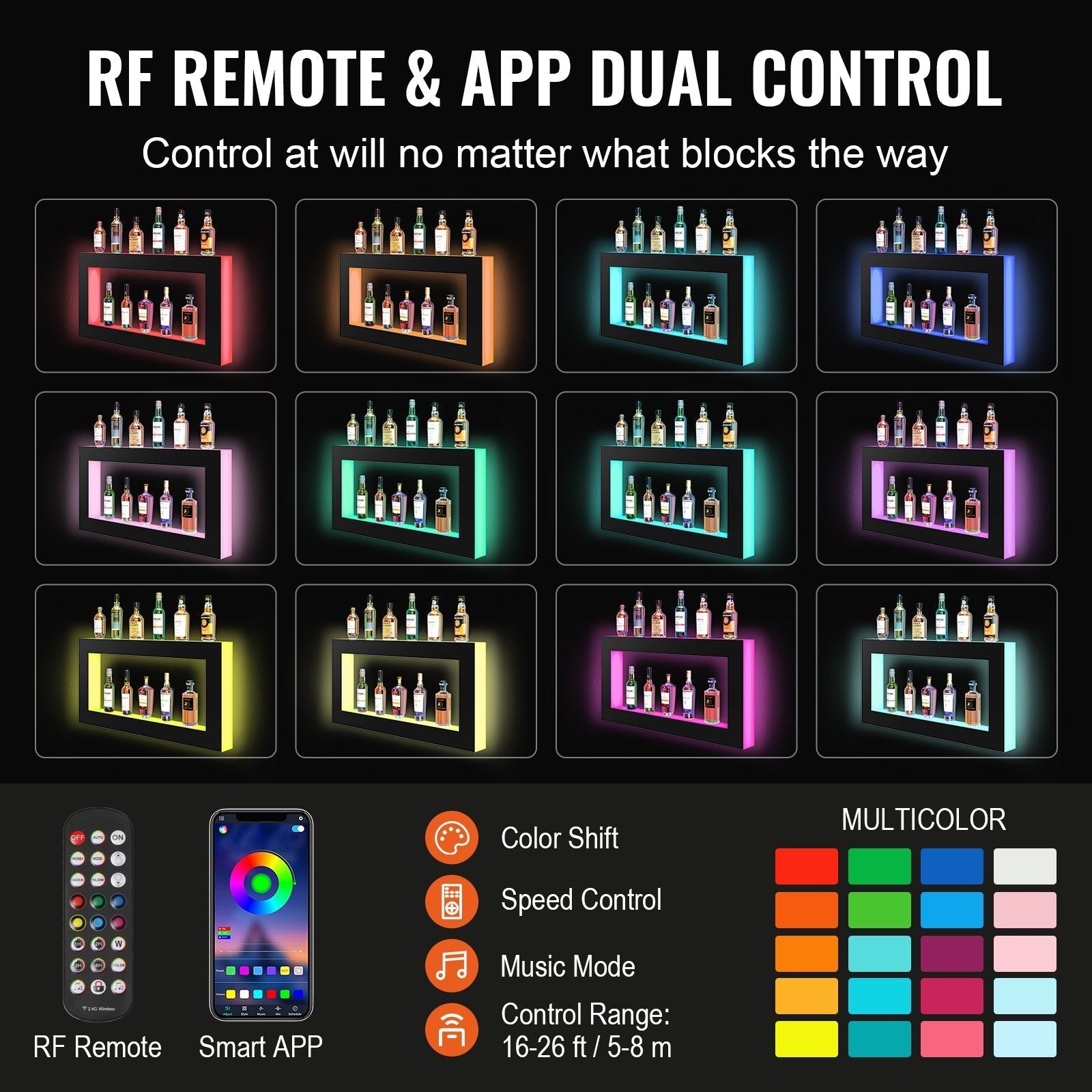 VEVOR LED Lighted Liquor Bottle Display, Square 48 Inch, Illuminated Home Bar Shelf with RF Remote & App Control 7 Static Colors 1-4 H Timing, Acrylic Wall-Mounted Drinks Lighting Shelf for 24 Bottl