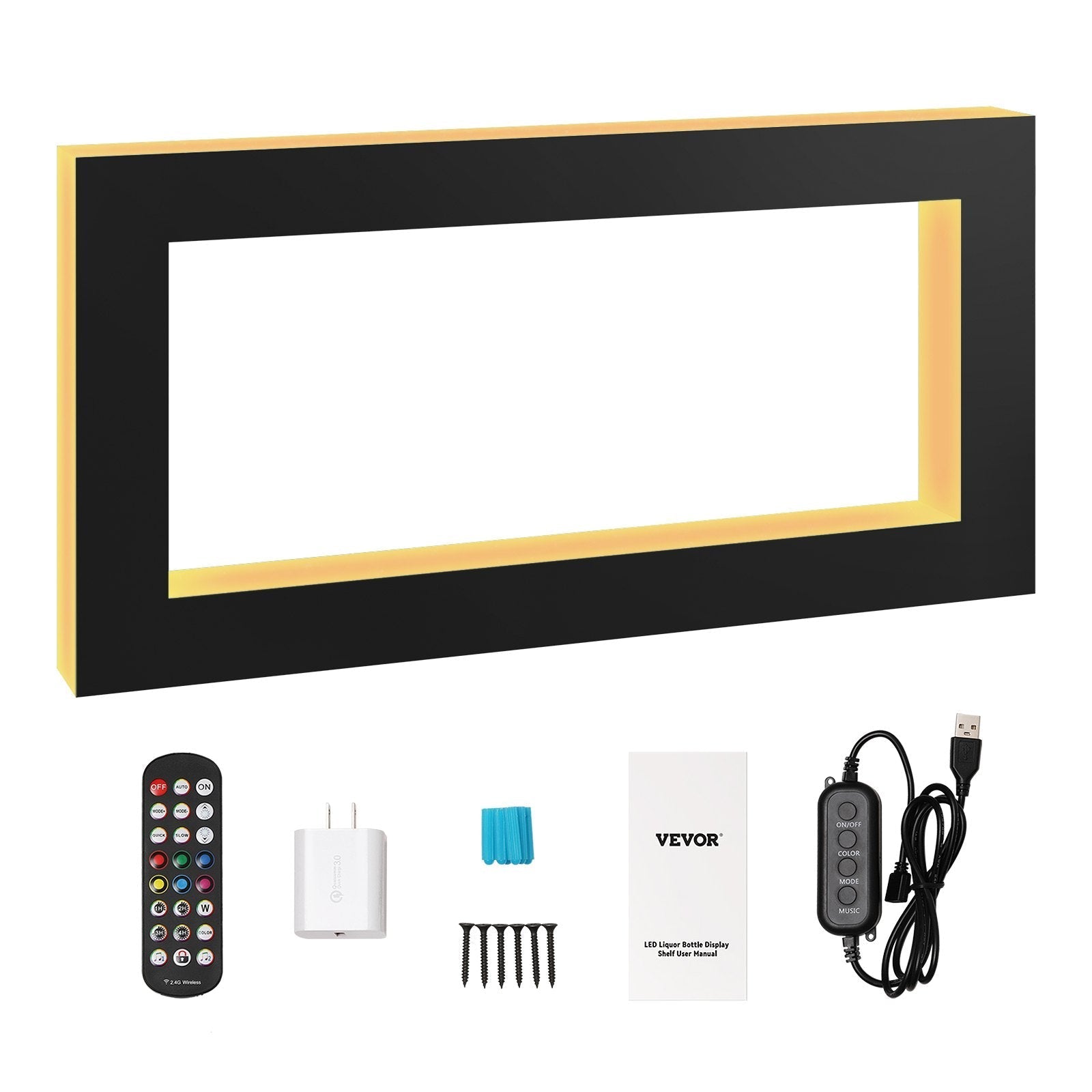 VEVOR LED Lighted Liquor Bottle Display, Square 48 Inch, Illuminated Home Bar Shelf with RF Remote & App Control 7 Static Colors 1-4 H Timing, Acrylic Wall-Mounted Drinks Lighting Shelf for 24 Bottl