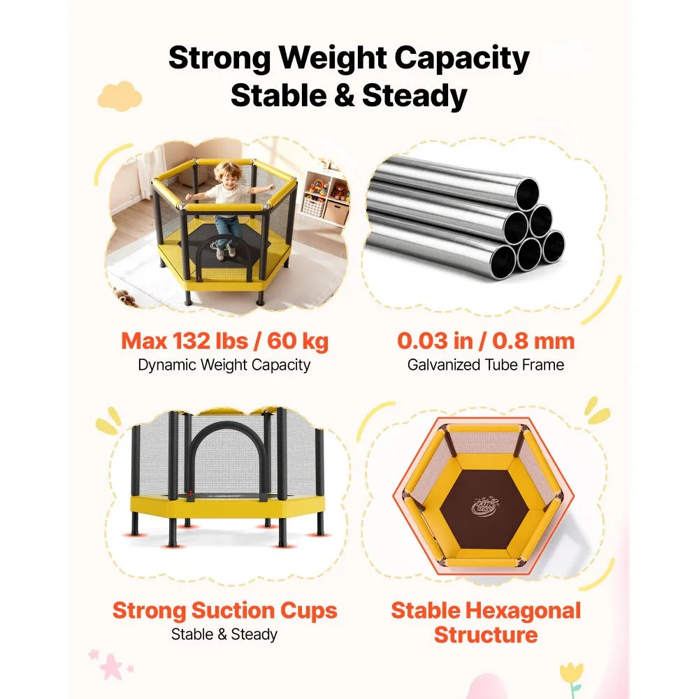 Kids Mini Trampoline with Enclosure Net & Basketball Hoop, Indoor Outdoor Toddler Trampoline, 132 lb Capacity, Activity Play Center for Boys & Girls