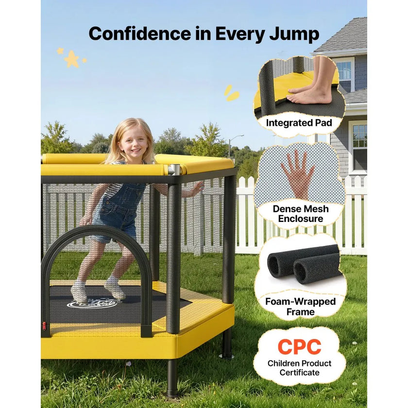 Kids Mini Trampoline with Enclosure Net & Basketball Hoop, Indoor Outdoor Toddler Trampoline, 132 lb Capacity, Activity Play Center for Boys & Girls