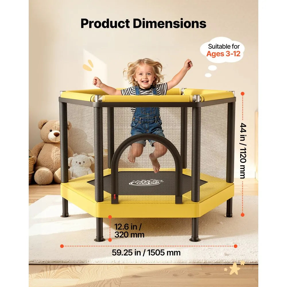Kids Mini Trampoline with Enclosure Net & Basketball Hoop, Indoor Outdoor Toddler Trampoline, 132 lb Capacity, Activity Play Center for Boys & Girls