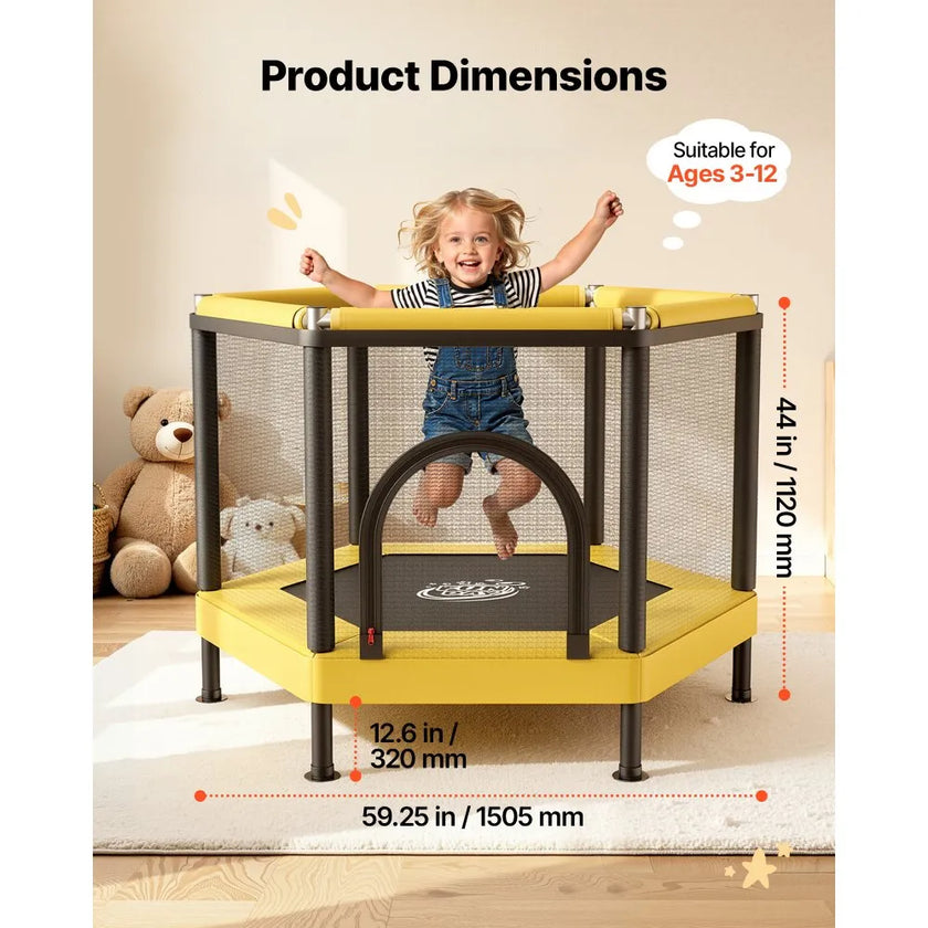 Kids Mini Trampoline with Enclosure Net & Basketball Hoop, Indoor Outdoor Toddler Trampoline, 132 lb Capacity, Activity Play Center for Boys & Girls