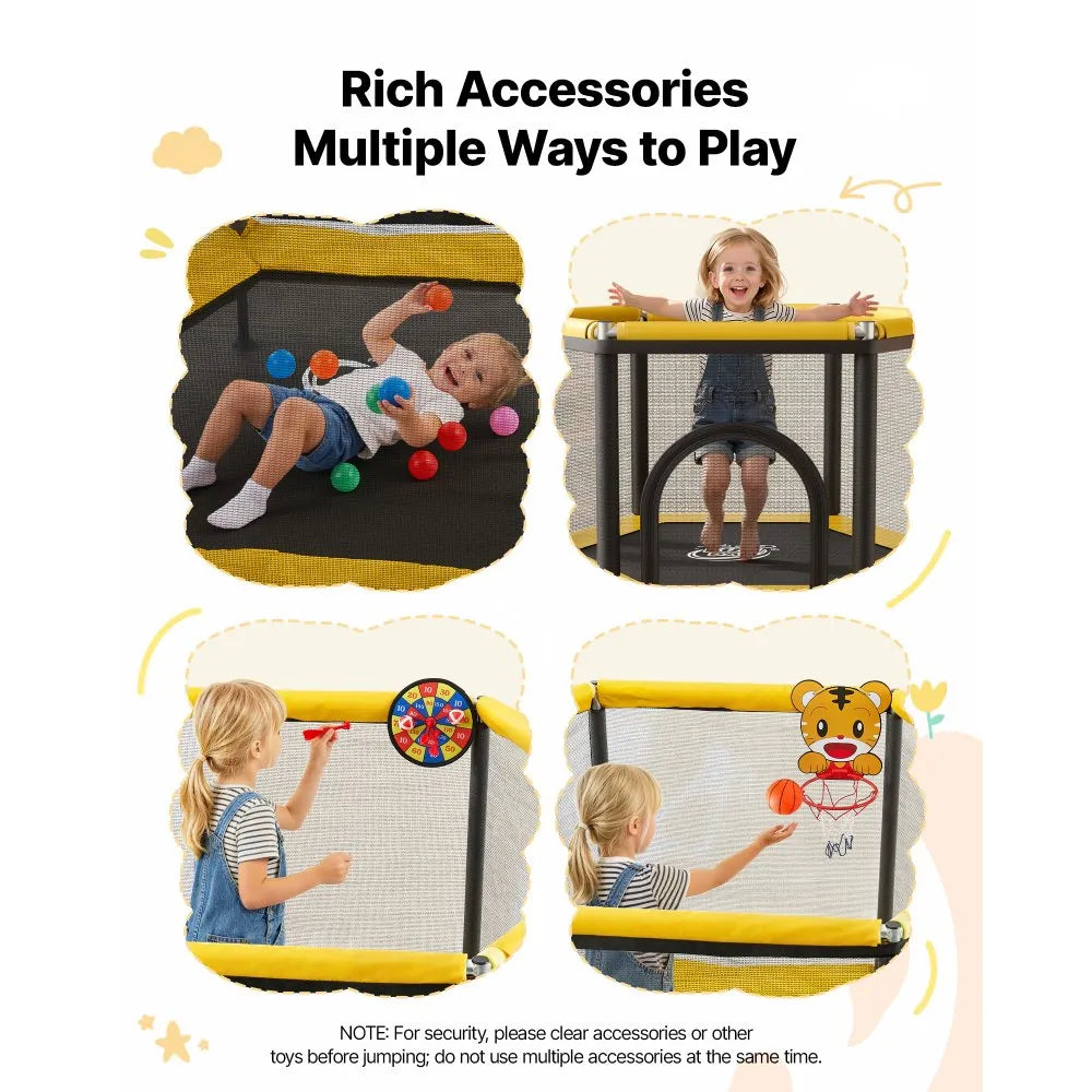 Kids Mini Trampoline with Enclosure Net & Basketball Hoop, Indoor Outdoor Toddler Trampoline, 132 lb Capacity, Activity Play Center for Boys & Girls
