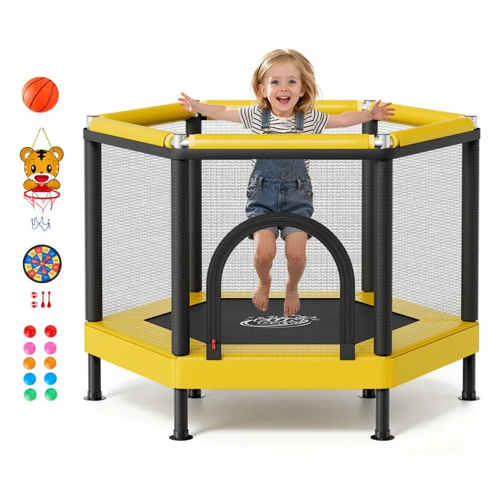 Kids Mini Trampoline with Enclosure Net & Basketball Hoop, Indoor Outdoor Toddler Trampoline, 132 lb Capacity, Activity Play Center for Boys & Girls