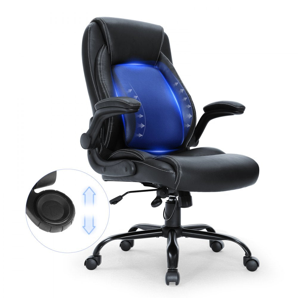 VEVOR Executive Office Chair with Cutting-edge Adjustable Lumbar Support, High Back PU Leather Office Chair Ergonomic for Back Pain, with Padded Flip-up Arms