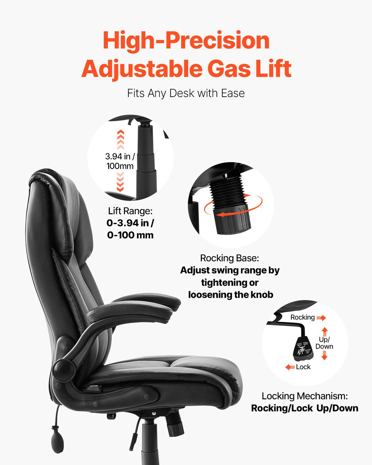 VEVOR Executive Chair High Back Desk Chair Flip-up Armrests Lumbar Support Black