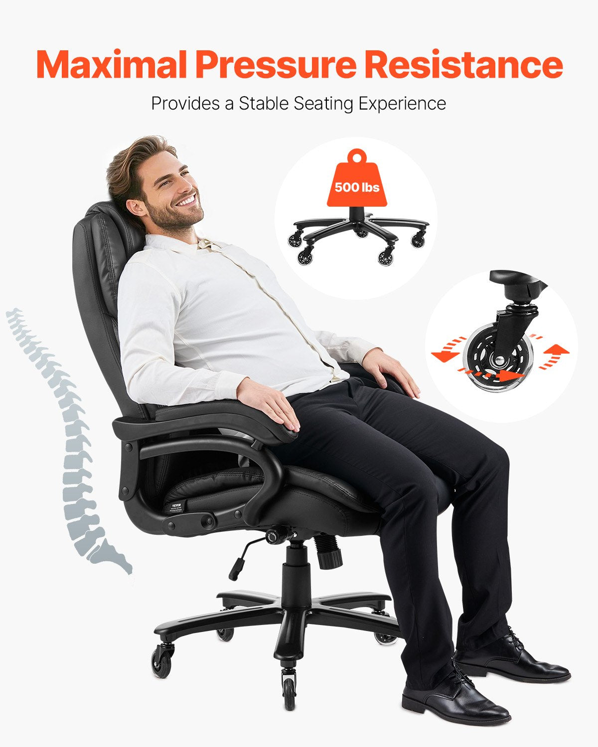 VEVOR Executive Chair High Back Office Chair Knob-Control Lumbar Support Black