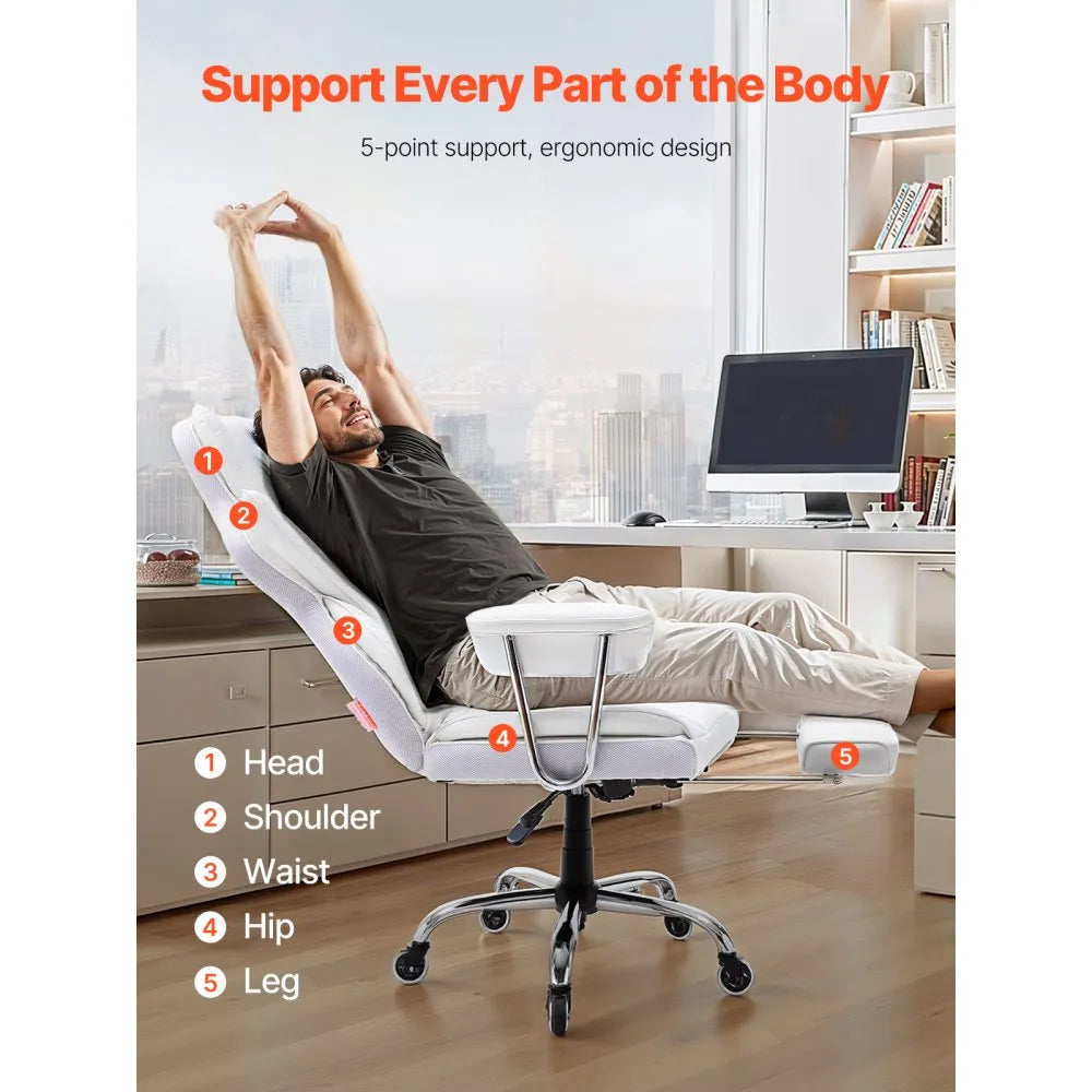 VEVOR Reclining Office Chair with Footrest, Heavy Duty PU Leather Wide Office Chair, Big and Tall Executive Office Chairs with Lumbar Support, Strong Metal Base Quiet Wheels, White