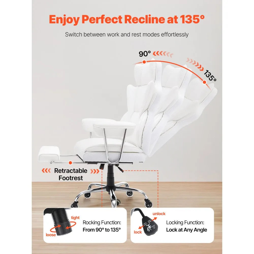 VEVOR Reclining Office Chair with Footrest, Heavy Duty PU Leather Wide Office Chair, Big and Tall Executive Office Chairs with Lumbar Support, Strong Metal Base Quiet Wheels, White