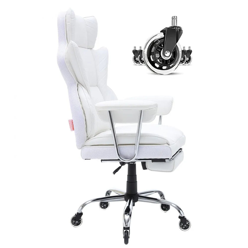 VEVOR Reclining Office Chair with Footrest, Heavy Duty PU Leather Wide Office Chair, Big and Tall Executive Office Chairs with Lumbar Support, Strong Metal Base Quiet Wheels, White