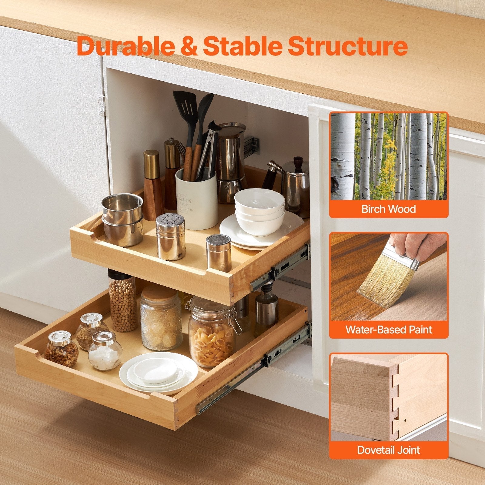 VEVOR 2Tier Pull Out Cabinet Organizer Soft Close Slideout Wood Drawer 17