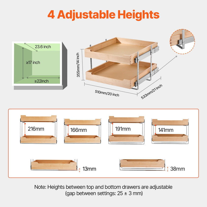 VEVOR 2Tier Pull Out Cabinet Organizer Soft Close Slideout Wood Drawer 17