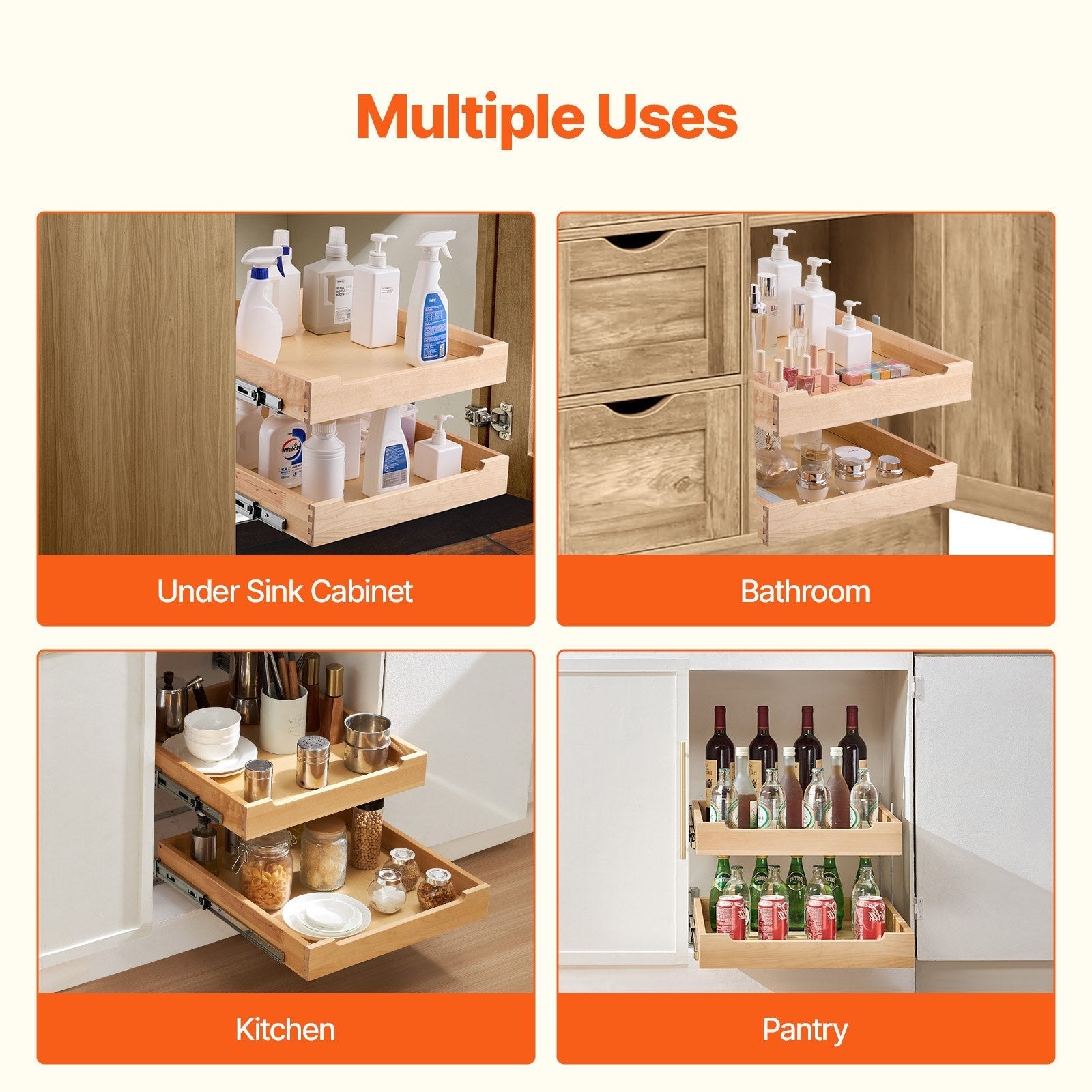 VEVOR 2Tier Pull Out Cabinet Organizer Soft Close Slideout Wood Drawer 17